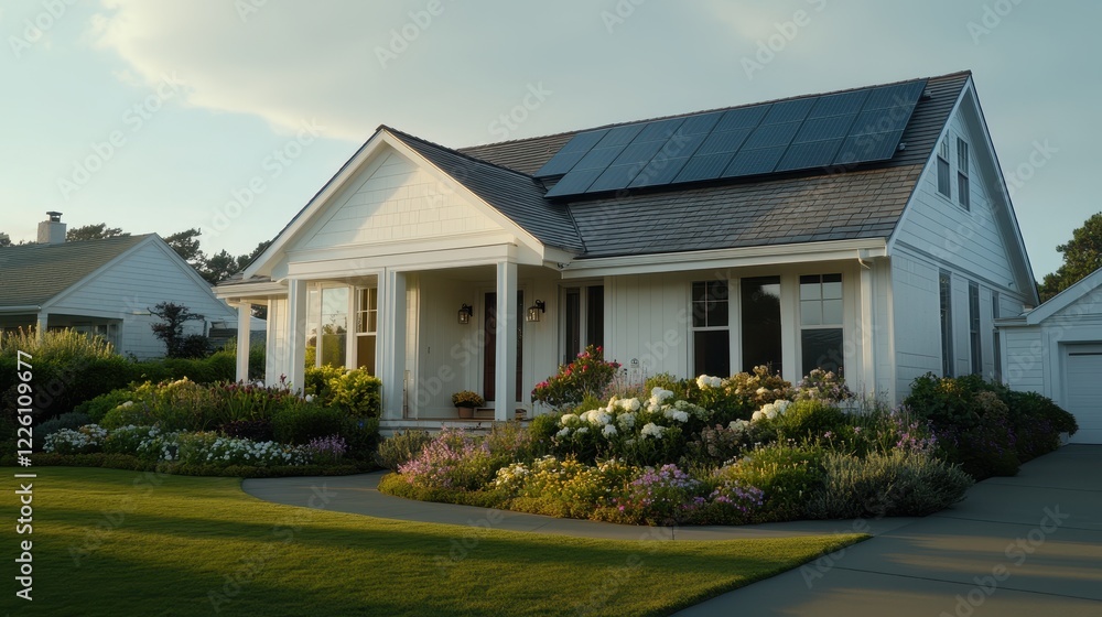 Beautiful suburban home with solar panels on roof, vibrant flower garden, and well-maintained lawn under a clear sky, perfect for eco-friendly living and outdoor relaxation. Beautiful suburban home with solar panels on roof, vibrant flower garden, and well-maintained lawn under a clear sky, perfect for eco-friendly living and outdoor relaxation.