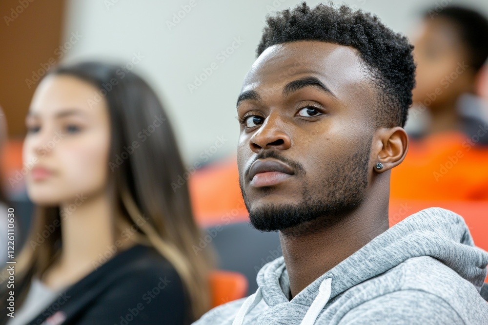 Man with a beard and a woman with long hair are sitting in a classroom Man with a beard and a woman with long hair are sitting in a classroom