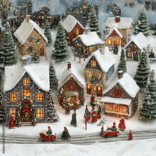 A picturesque snow-covered village, adorned with holiday decorations and glowing windows, nestled in a winter wonderland that epitomizes festive charm and warmth. photo