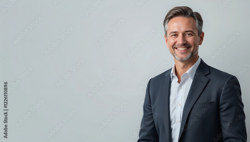 A confident, smiling mature businessman in his mid-40s, dressed in a tailored suit, standing against a clean white background.