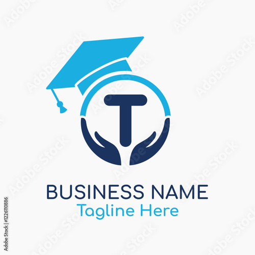Initial T Education Logo with Graduation Logo. School Education Care and Hand Logo Concept. Student Help Logo Design Vector