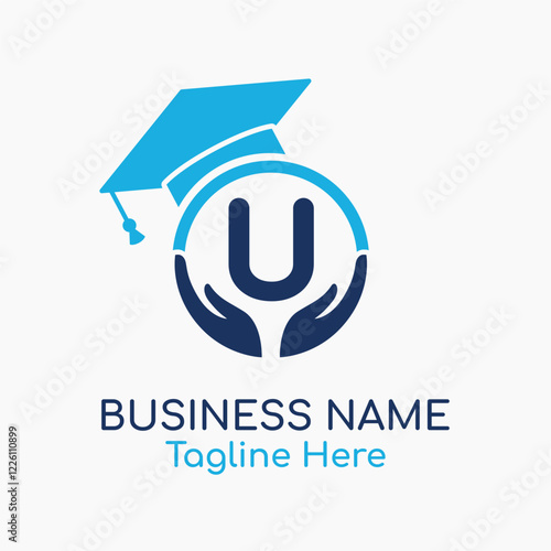 Initial U Education Logo with Graduation Logo. School Education Care and Hand Logo Concept. Student Help Logo Design Vector