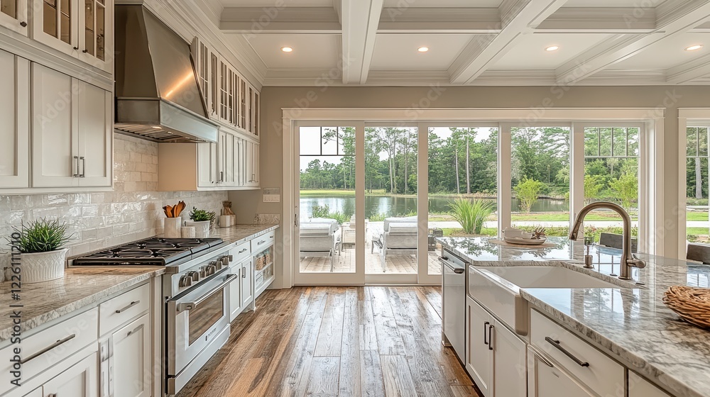 A spacious and modern kitchen with large glass doors opens up to a serene patio and lush landscape, blending indoor and outdoor living seamlessly. A spacious and modern kitchen with large glass doors opens up to a serene patio and lush landscape, blending indoor and outdoor living seamlessly.