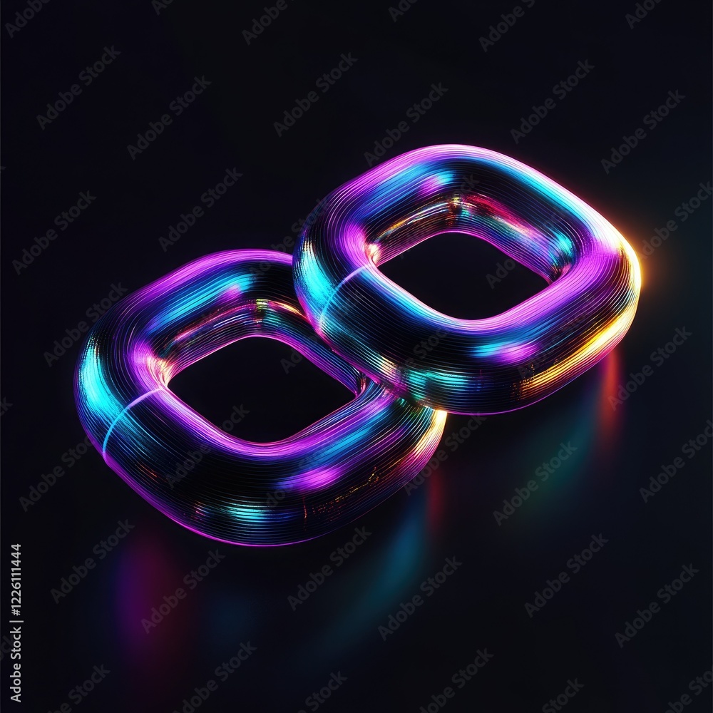 Two iridescent, metallic links interlocked against a dark background. Two iridescent, metallic links interlocked against a dark background.
