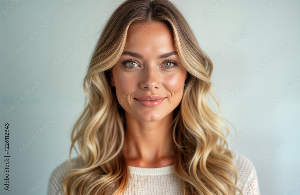 Naklejka premium Attractive blonde woman with healthy wavy hair stands in front of white background. Expression pleasant, friendly. Photo suitable for beauty, fashion magazines, hair salons, online beauty stores.