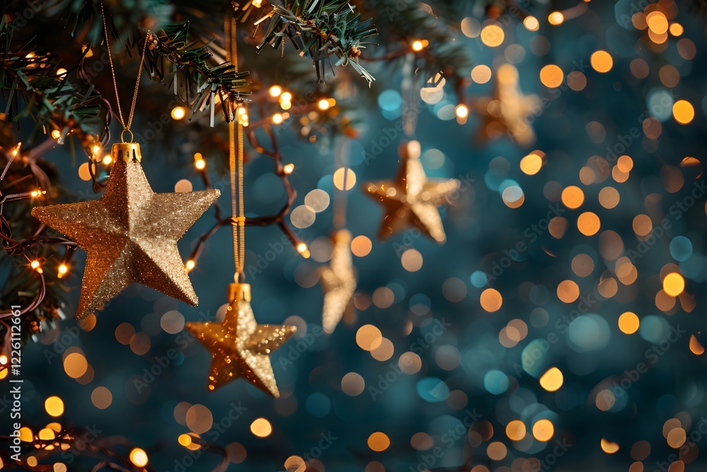 A close up of a christmas tree with lights in the background A close up of a christmas tree with lights in the background