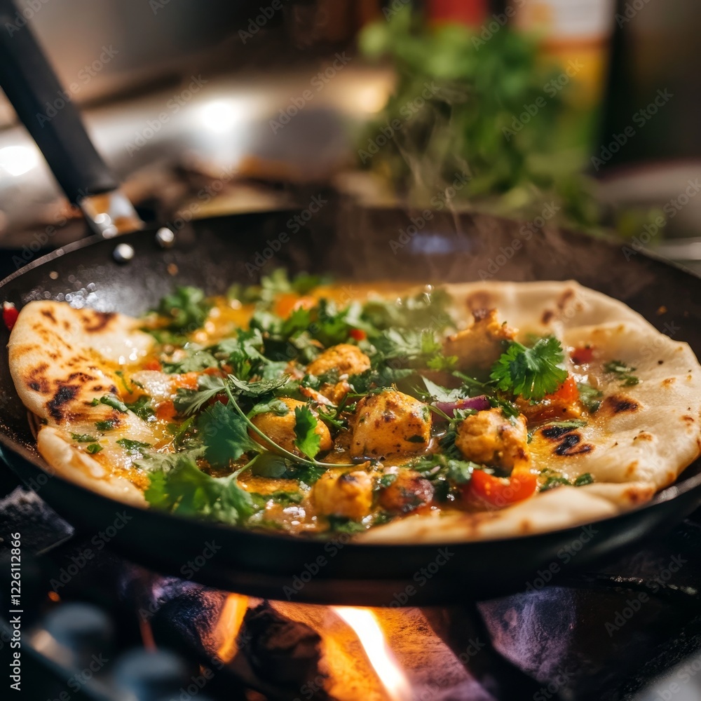 A mouthwatering image of naan flatbread topped with spicy vegetable curry, cilantro, and colorful ingredients, steaming hot on a stove, ready to be savored. A mouthwatering image of naan flatbread topped with spicy vegetable curry, cilantro, and colorful ingredients, steaming hot on a stove, ready to be savored.