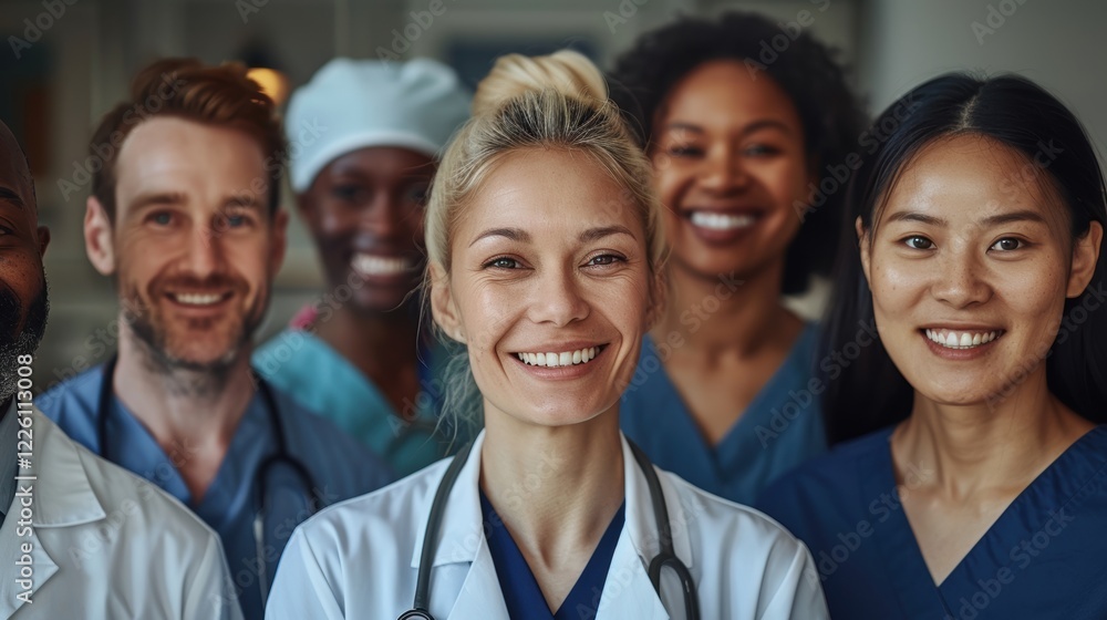 A diverse group of healthcare professionals smiling together in a medical setting, showcasing camaraderie and teamwork in the healthcare field A diverse group of healthcare professionals smiling together in a medical setting, showcasing camaraderie and teamwork in the healthcare field