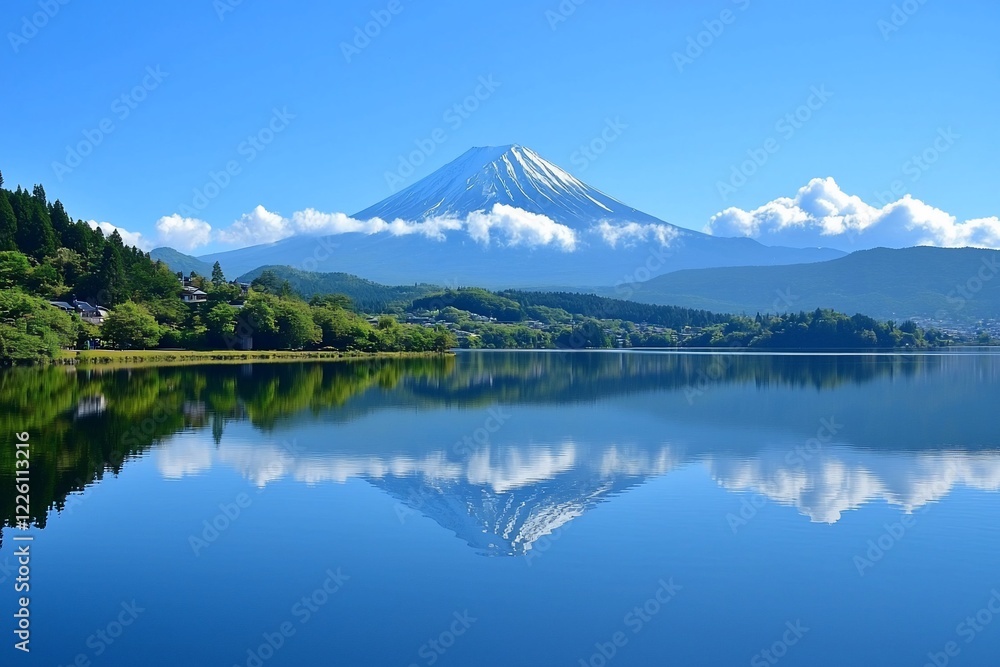 Serene view of Mount Fuji reflecting in a tranquil lake surrounded by lush greenery and clear skies Serene view of Mount Fuji reflecting in a tranquil lake surrounded by lush greenery and clear skies