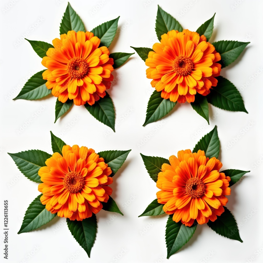 Four vibrant orange marigold flowers arranged symmetrically on white background. Flower surrounded by green leaves in stylized pattern. Image presents visually appealing floral arrangement with Four vibrant orange marigold flowers arranged symmetrically on white background. Flower surrounded by green leaves in stylized pattern. Image presents visually appealing floral arrangement with