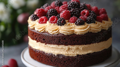 Wallpaper Mural Moist chocolate cake with frosting and berries on top, soft natural lighting and clean food styling
 Torontodigital.ca