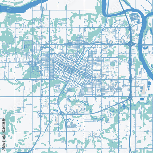 Map of Muskogee in Oklahoma in a professional blue style. Contains layered vector with roads water, parks, etc.