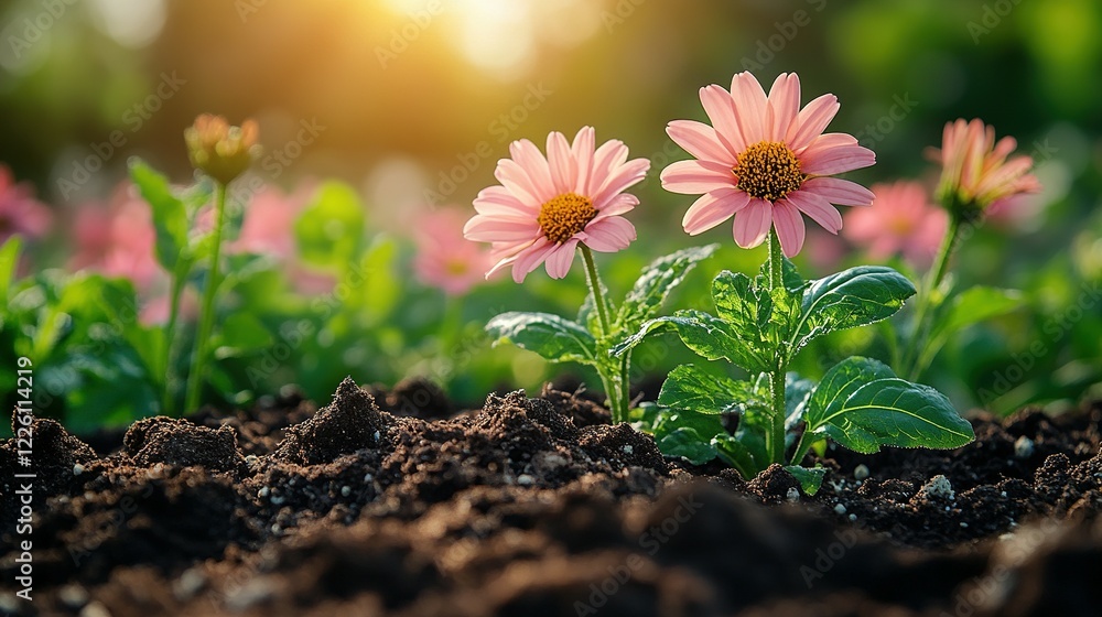 Pink flowers blossoming in rich garden soil Pink flowers blossoming in rich garden soil