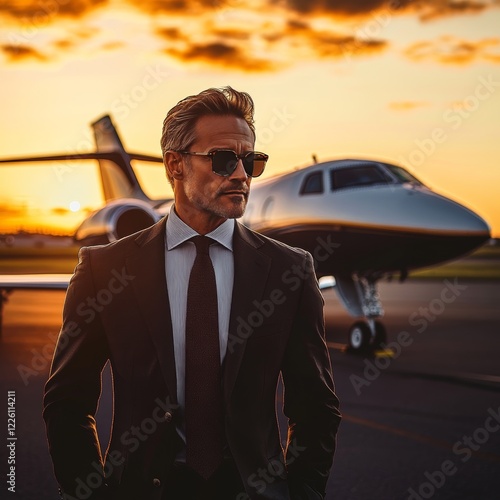 An older gentleman in a suit stands confidently beside a private plane, set against the warm glow of a sunset, suggesting wisdom and experience in luxury. photo