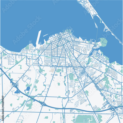 Map of Sandusky in Ohia in a professional blue style. Contains layered vector with roads water, parks, etc.