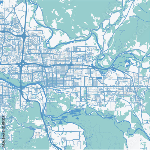 Map of Springfield in Oregon in a professional blue style. Contains layered vector with roads water, parks, etc.