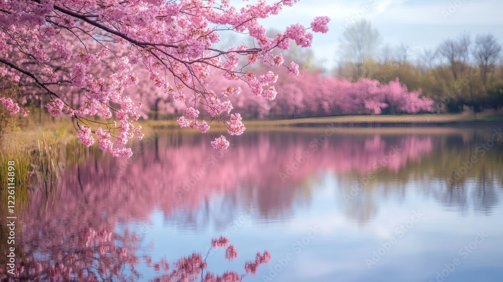 Serene Spring Pink Cherry Blossoms Reflected in Calm Lake Water Serene Spring Pink Cherry Blossoms Reflected in Calm Lake Water