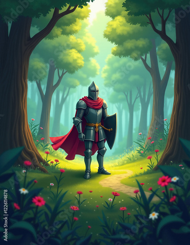Cartoonish Knight With Shield In A Colorful Forest Clearing
