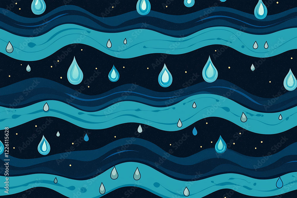 Fototapeta premium Abstract design featuring wavy blue lines and droplets on a dark background, ideal for digital use