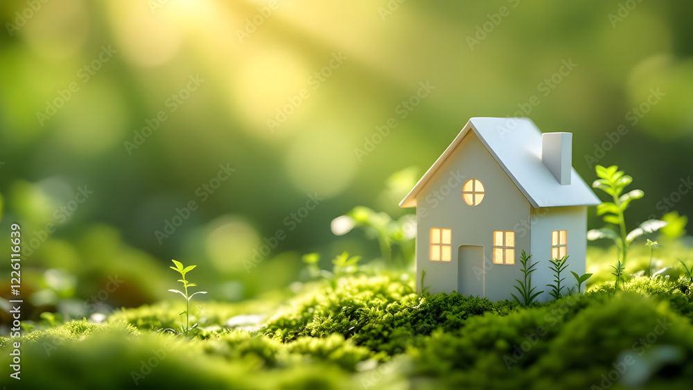 Eco House In Green Environment - Wooden Home Friendly On Grass, environmental concept, earth day, save trees. Eco House In Green Environment - Wooden Home Friendly On Grass, environmental concept, earth day, save trees.