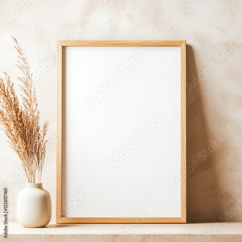 Wooden mock up poster frame on the shelf decorated with bouquet of pampas grass in a ceramic vase