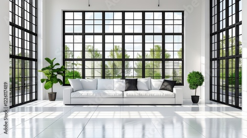 Modern minimalist living room with large glass windows and white sofa in a bright and open space showcasing contemporary interior design elements