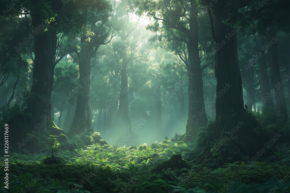 Fototapeta premium A Dense Forest Filled with Towering Trees and Lush Greenery Perfect for Nature Enthusiasts