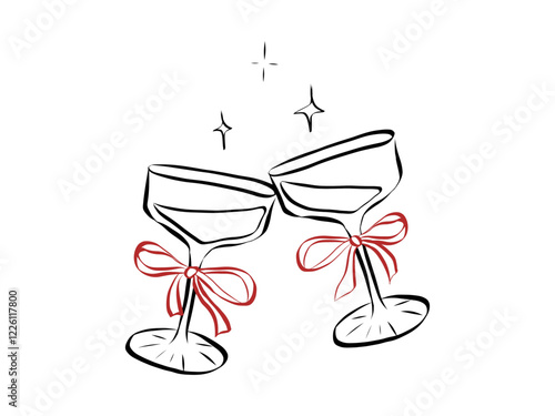 Glass of champagne or wine. Hand drawn line art of coquette aesthetic element. Drink with ribbon and bow in crayon and sketch. La dolce vita italian style. Doodle vector illustration