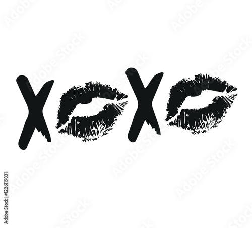 Vector hand drawn sketch doodle xoxo lettering with lips imprint isolated on white background