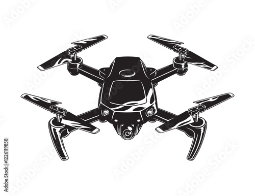 Drone quadcopter flight silhouette isolated on the white background, black and white vector illustration