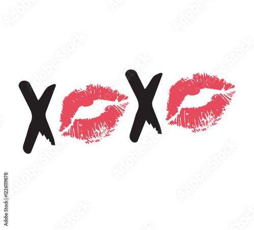 Vector hand drawn sketch doodle xoxo lettering with red lips imprint isolated on white background