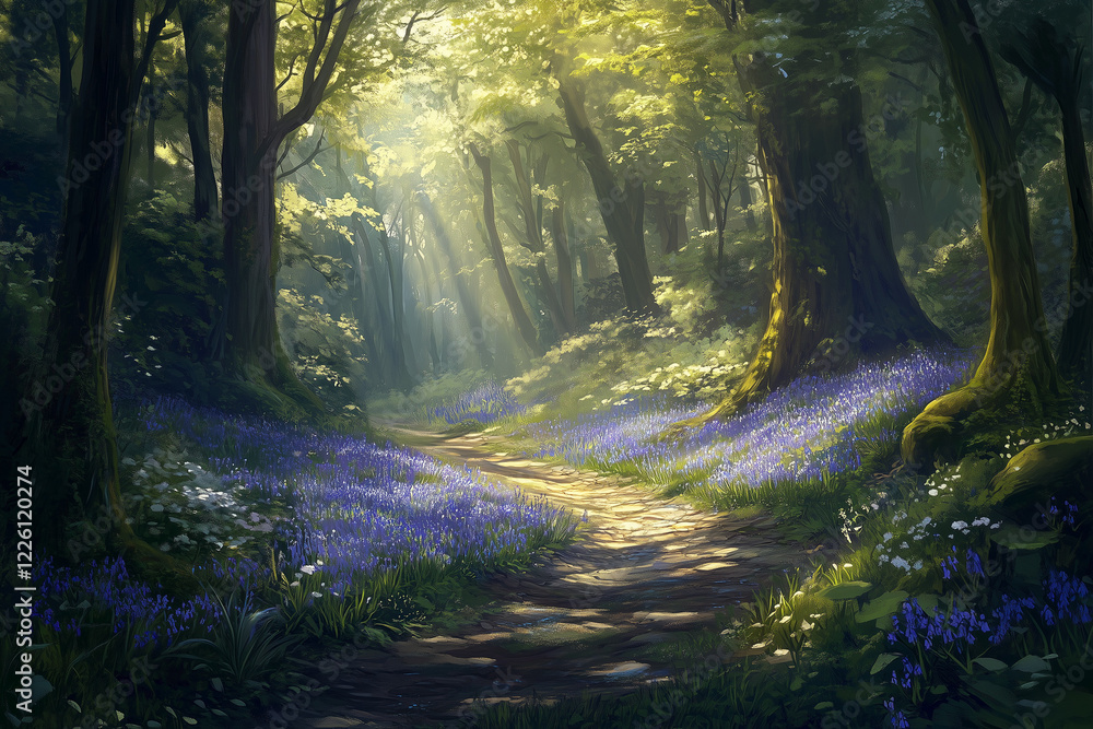 Obraz premium A Peaceful Woodland Glade Filled with Delicate Blue Flowers