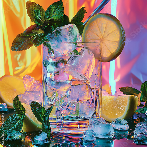 Floating cocktail garnishes like lemon peels, mint sprigs, and crushed ice on a neon bar-themed background. Image size 16:9  photo