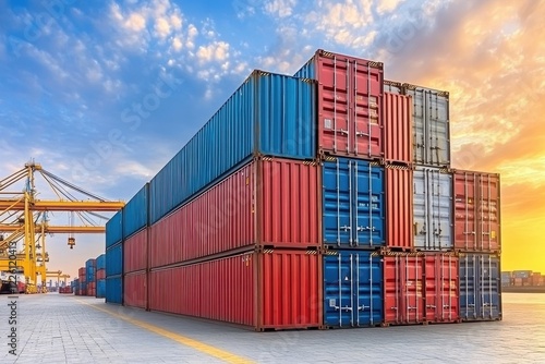 Stacked Shipping Containers with Vibrant Colors Against a Dramatic Sunset Sky at a Busy Port, Symbolizing Global Trade and Logistics Operations photo