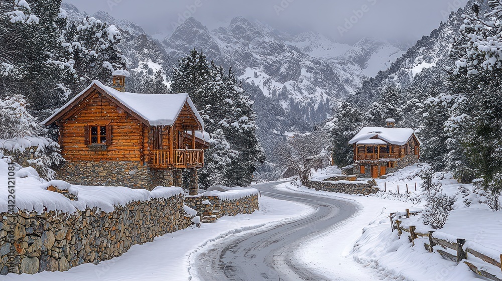 Snowy mountain road winding past cabins Snowy mountain road winding past cabins