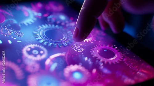 Finger interaction with illuminated gears on a digital screen showcasing technology