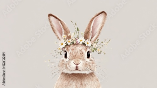 flat cute illustration of a bunny wearing a small floral wreath on head made of spring flowers such as daisies 