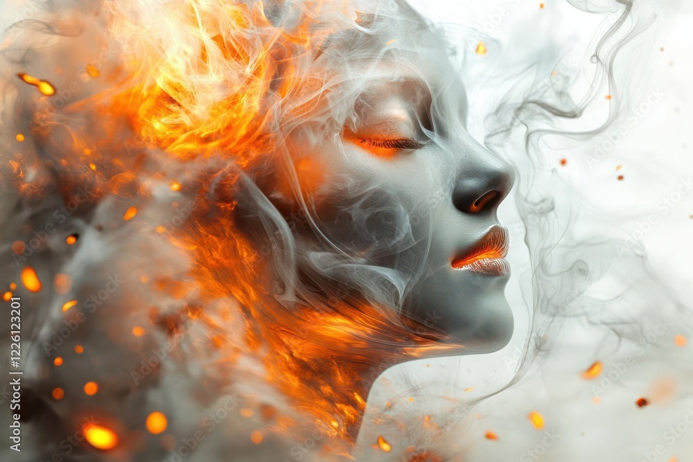A surreal portrait of a woman with fiery elements and smoke, symbolizing transformation. A surreal portrait of a woman with fiery elements and smoke, symbolizing transformation.