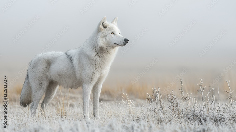 Naklejka premium Arctic wolf standing in frosty field, foggy background, wildlife photography for nature documentaries
