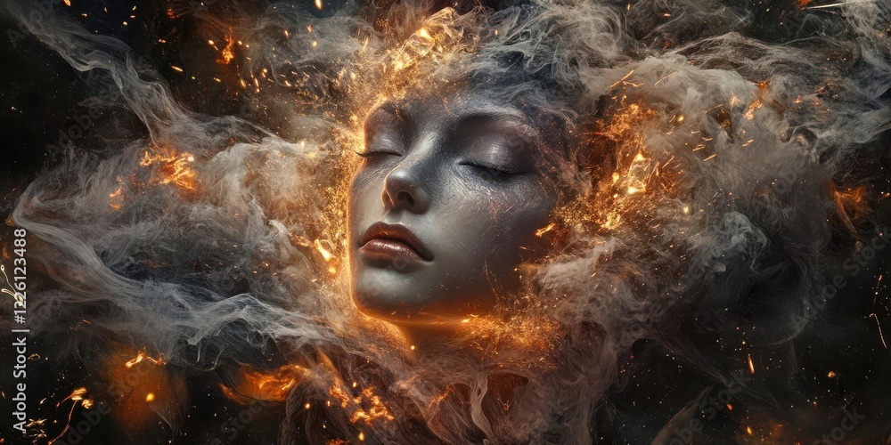 A surreal depiction of a woman's face enveloped in swirling smoke and fiery elements. A surreal depiction of a woman's face enveloped in swirling smoke and fiery elements.