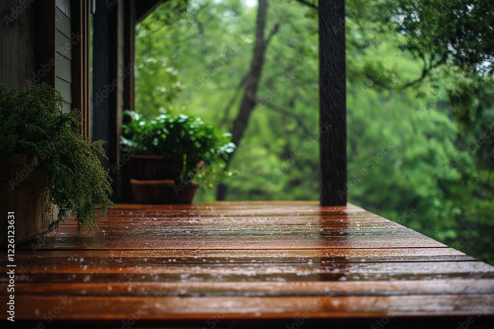 Rainy Day Charm: Raindrops Splattering on a Country Porch Rainy Day Charm: Raindrops Splattering on a Country Porch
