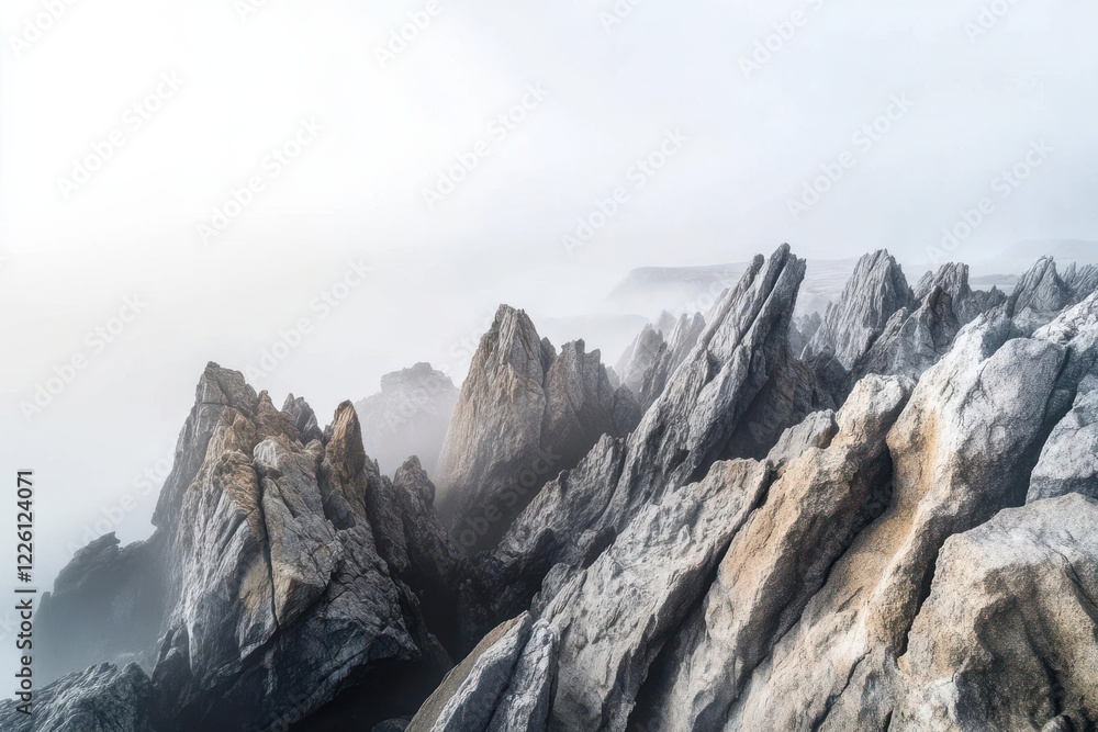 Obraz premium A misty coastal landscape featuring jagged rock formations emerging from fog.