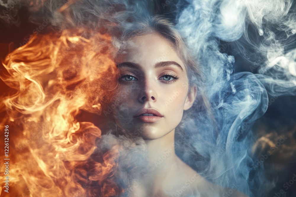 Fototapeta premium A portrait of a woman surrounded by contrasting fiery and smoky elements.