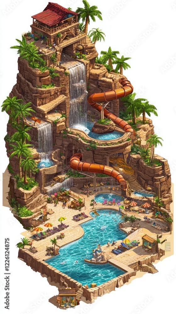 Tropical Water Park Paradise: A Stunning Illustration of an Island Water Park with Waterfalls, Slides, and Lush Landscaping. Tropical Water Park Paradise: A Stunning Illustration of an Island Water Park with Waterfalls, Slides, and Lush Landscaping.