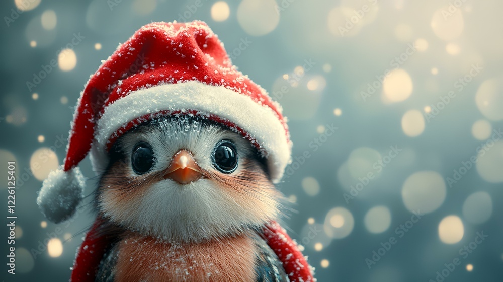 Cute bird in Santa hat, snowy bokeh background. Christmas greeting card, website banner Cute bird in Santa hat, snowy bokeh background. Christmas greeting card, website banner