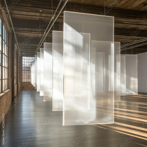 An installation featuring rows of large translucent screens engaging with natural light  creating a dynamic play of shadows and reflections in an industrial open space.