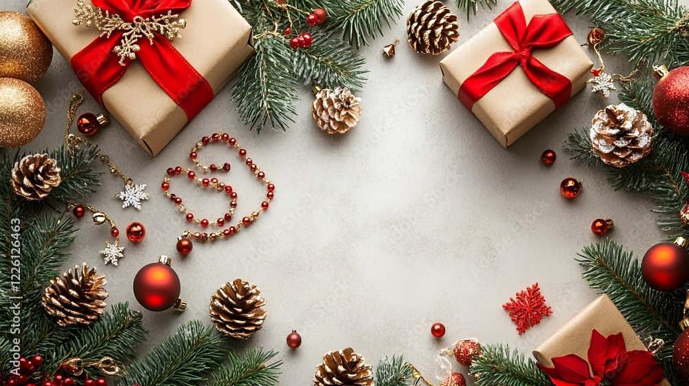 Festive Christmas gifts and ornaments arranged on a light gray background, ideal for holiday cards or social media posts Festive Christmas gifts and ornaments arranged on a light gray background, ideal for holiday cards or social media posts
