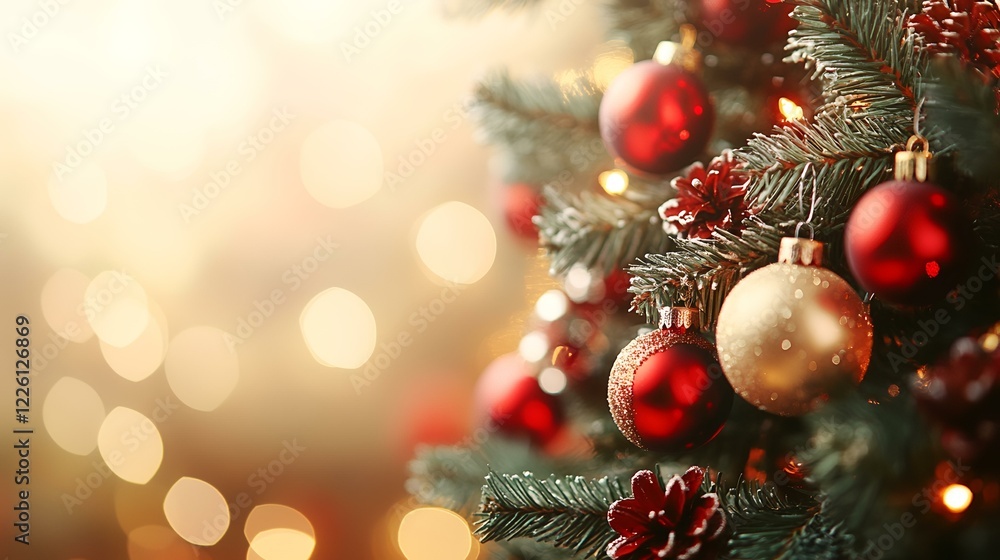 Obraz premium Festive Christmas tree ornaments, warm lights, holiday background, ideal for greeting cards