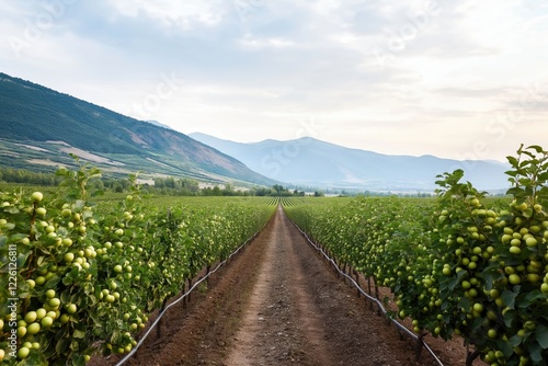 Fruit orchard at dawn with serene rows of trees under a soft pink and blue sky