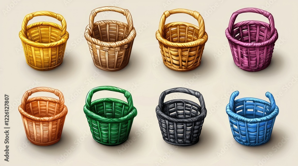 Eight Colorful Woven Baskets With Handles Eight Colorful Woven Baskets With Handles